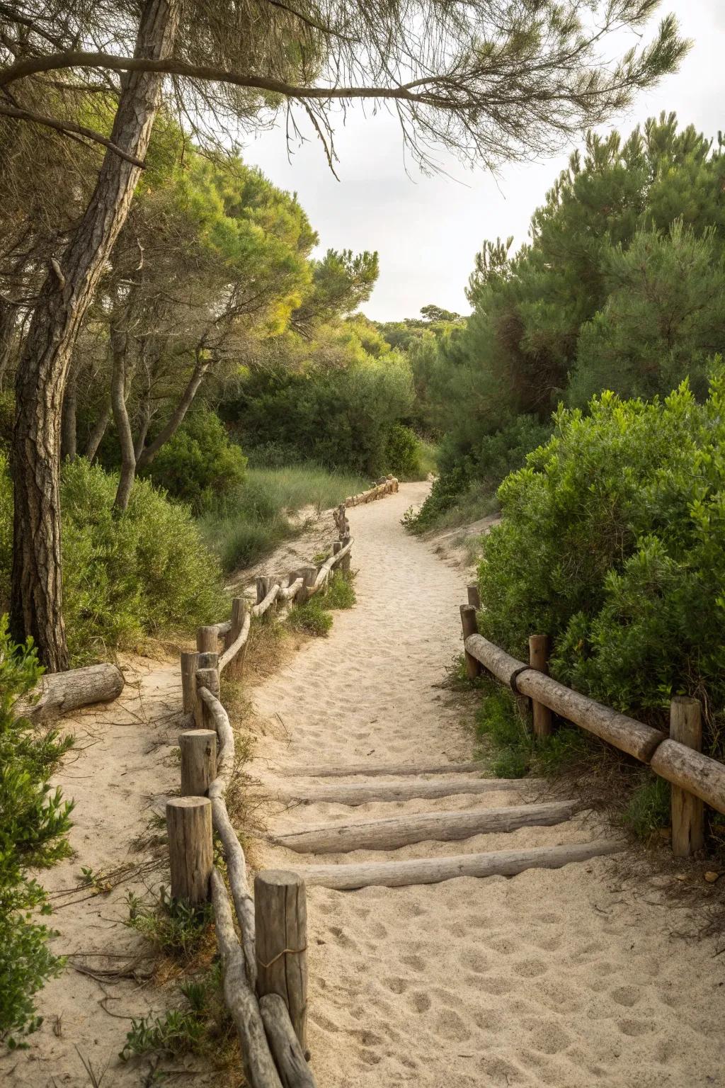 Rustic log edging for a natural sand walkway.
