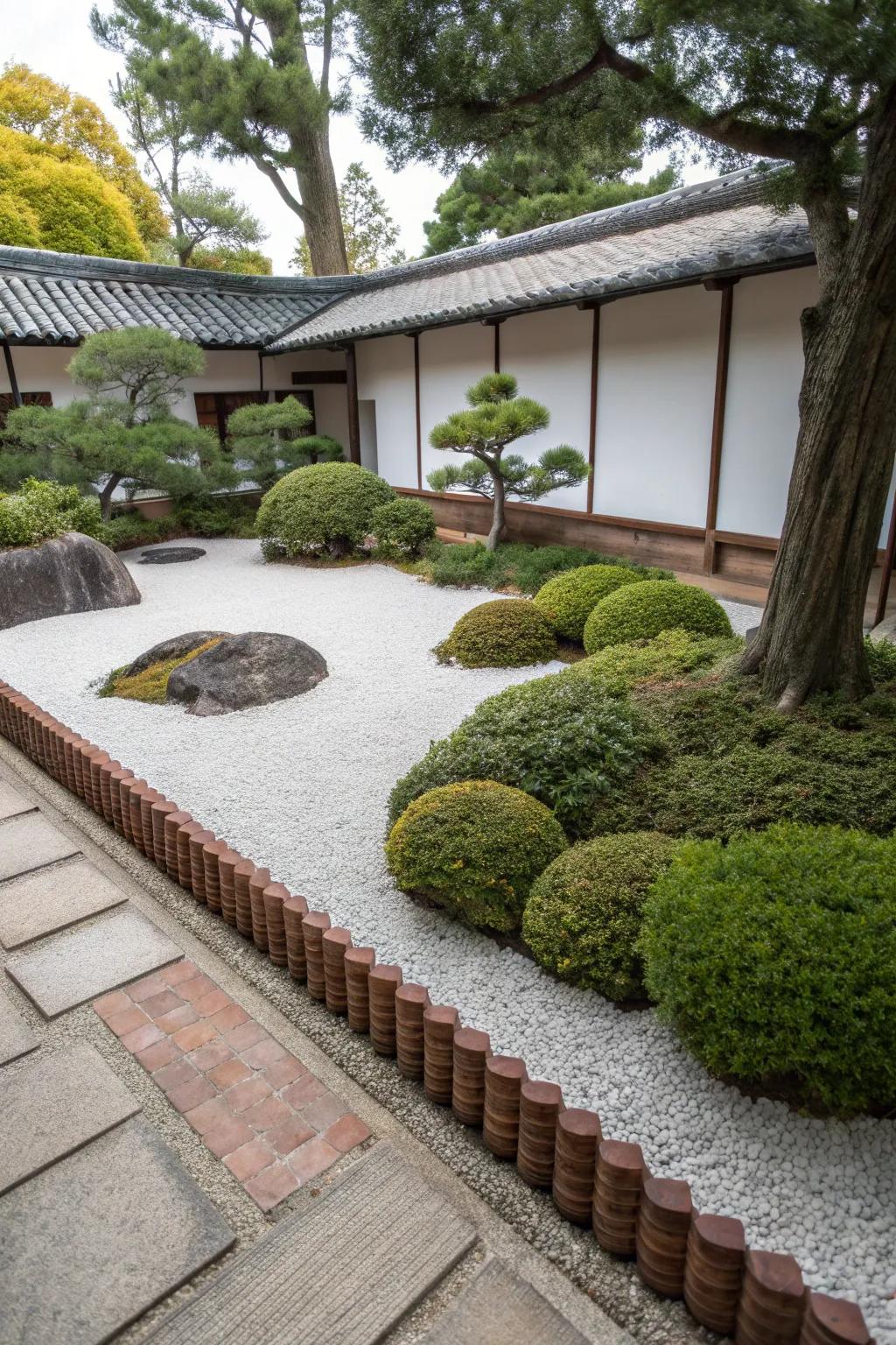 Calm Zen garden with clean scalloped brick lines.