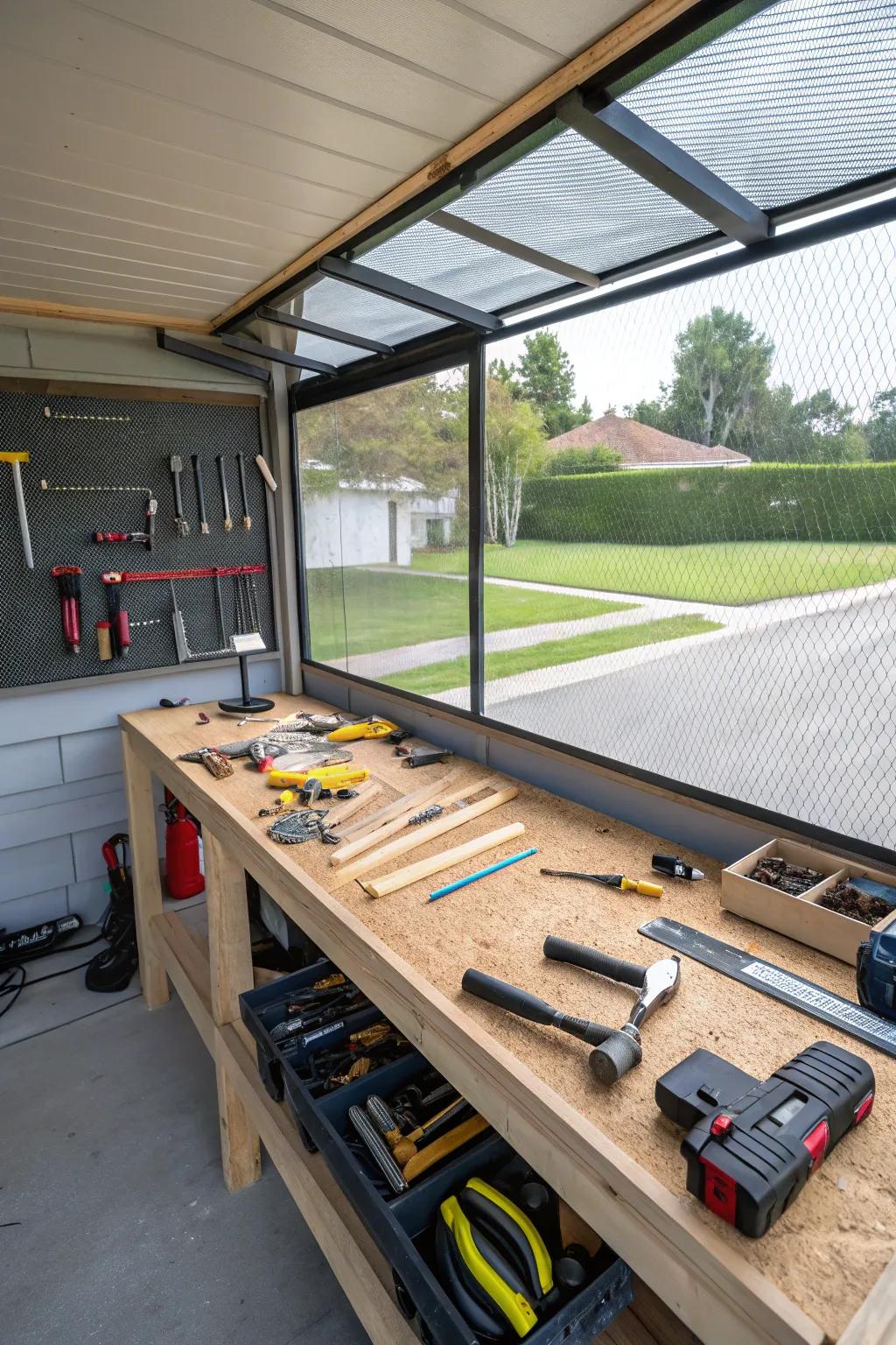 A functional DIY workshop in a screened carport.