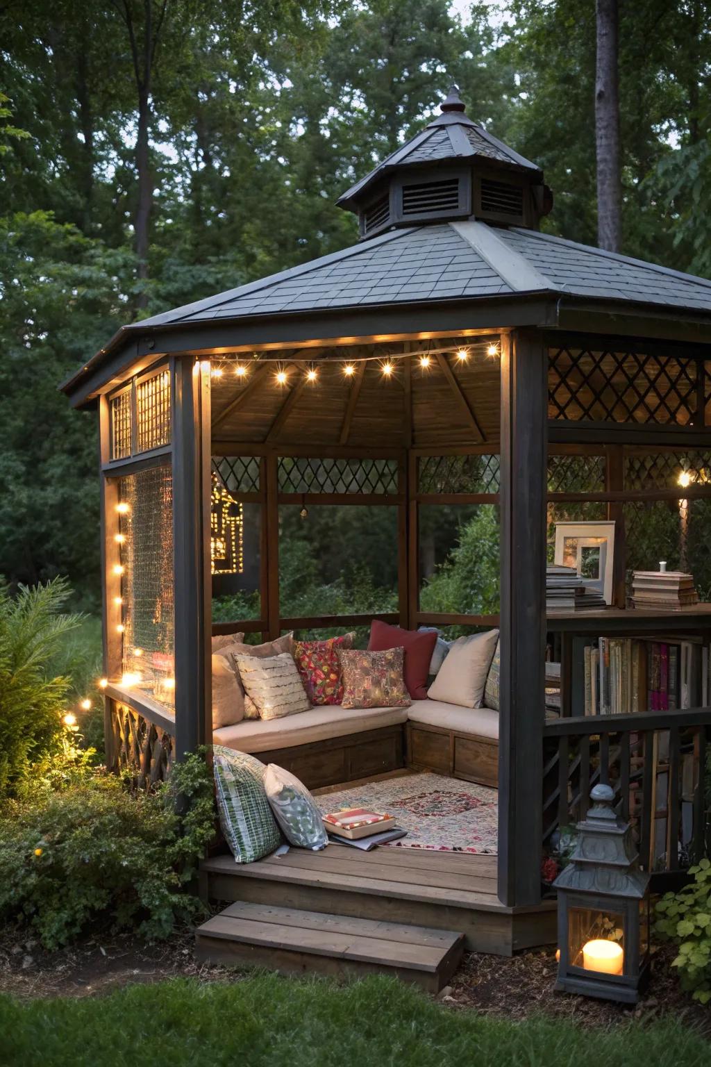A serene reading nook nestled within a gazebo.