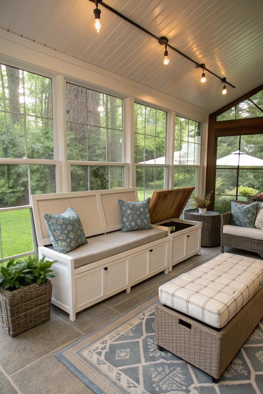 Multifunctional furniture optimizes space with both seating and storage.