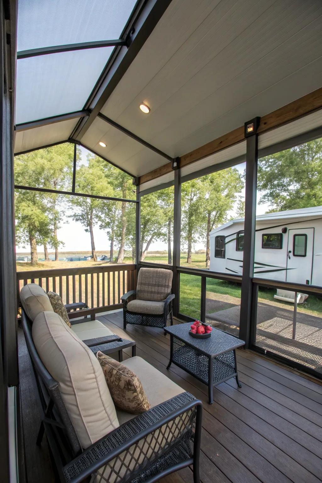 A camper deck featuring a screened porch area for bug-free enjoyment.