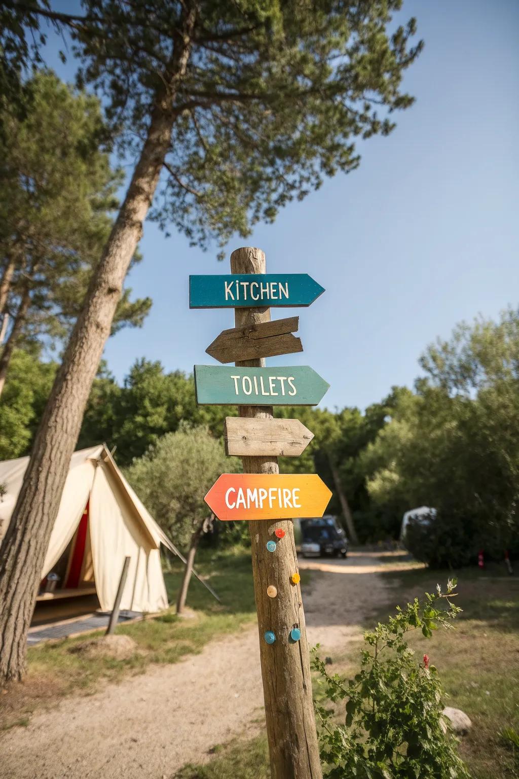 Charming signs adding personality to the campsite.