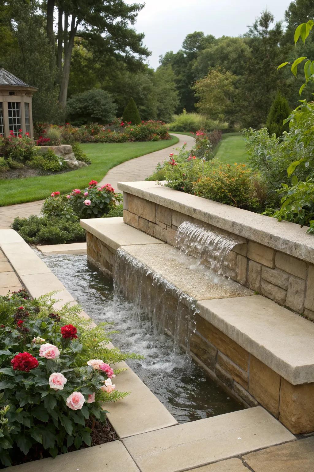 Seating wall with a water feature for a tranquil garden escape.