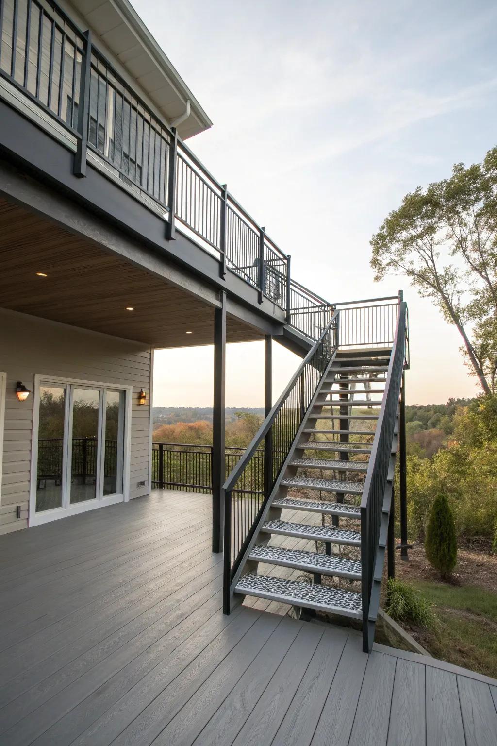 A second-story deck with sleek, minimalist metal stairs.