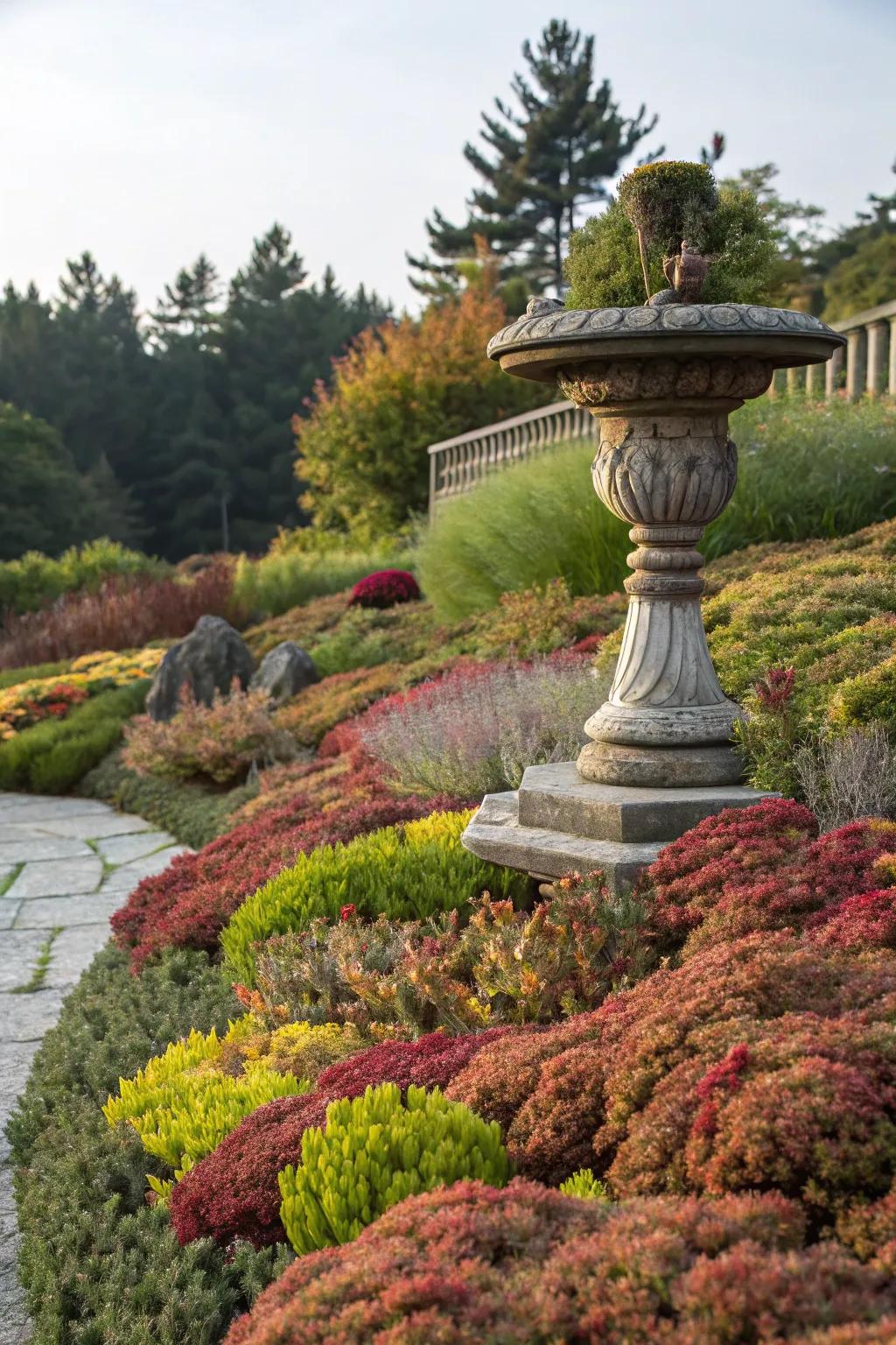 Garden sculptures paired beautifully with sedum.