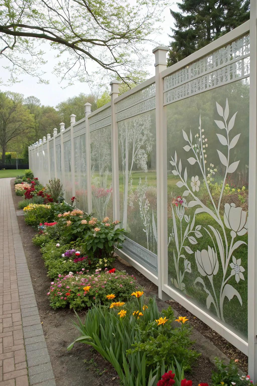 Etched plexiglass fence blending artistry with transparency.