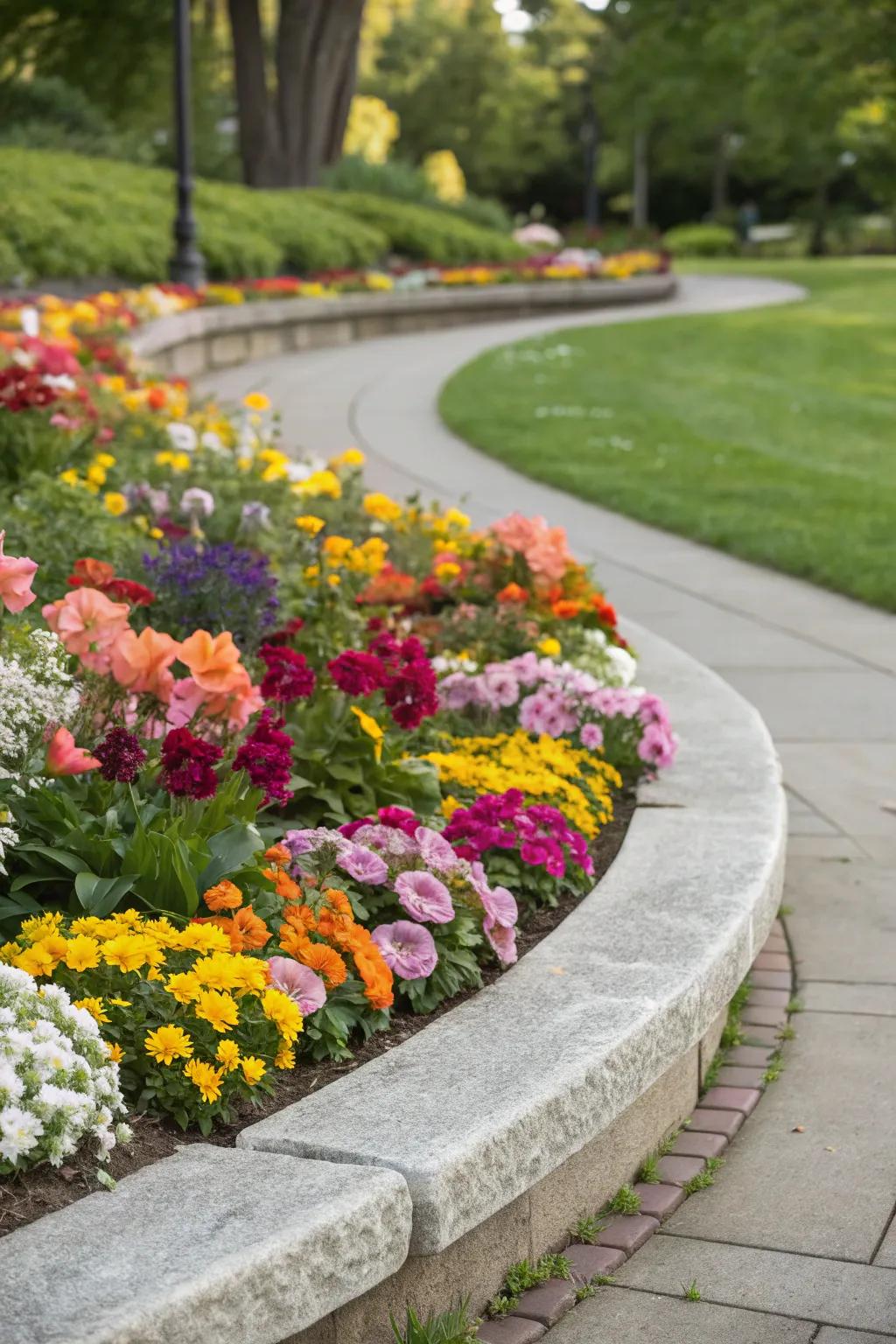 Seasonal flowers keep a semi-circle bed dynamic and fresh.