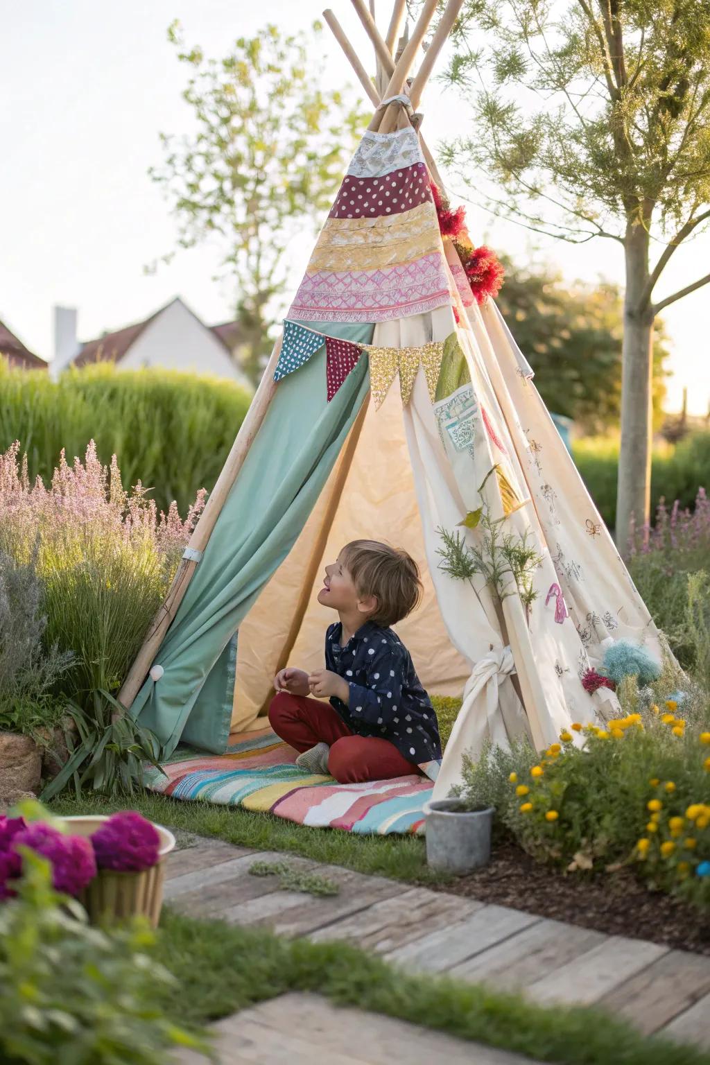 A beanpole tepee offers a secret hideaway for kids in the garden.
