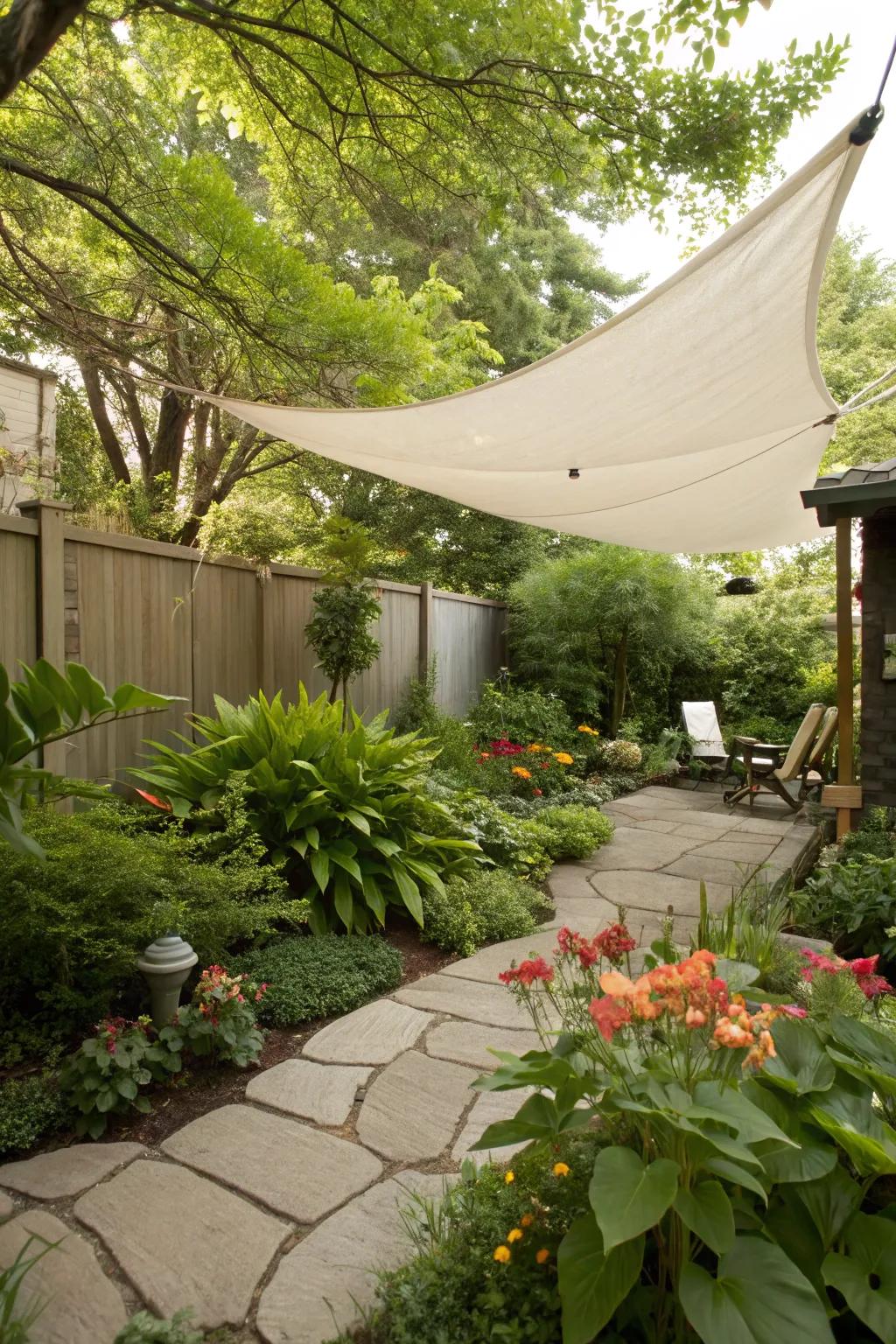 Create a serene garden oasis with a soft sail.