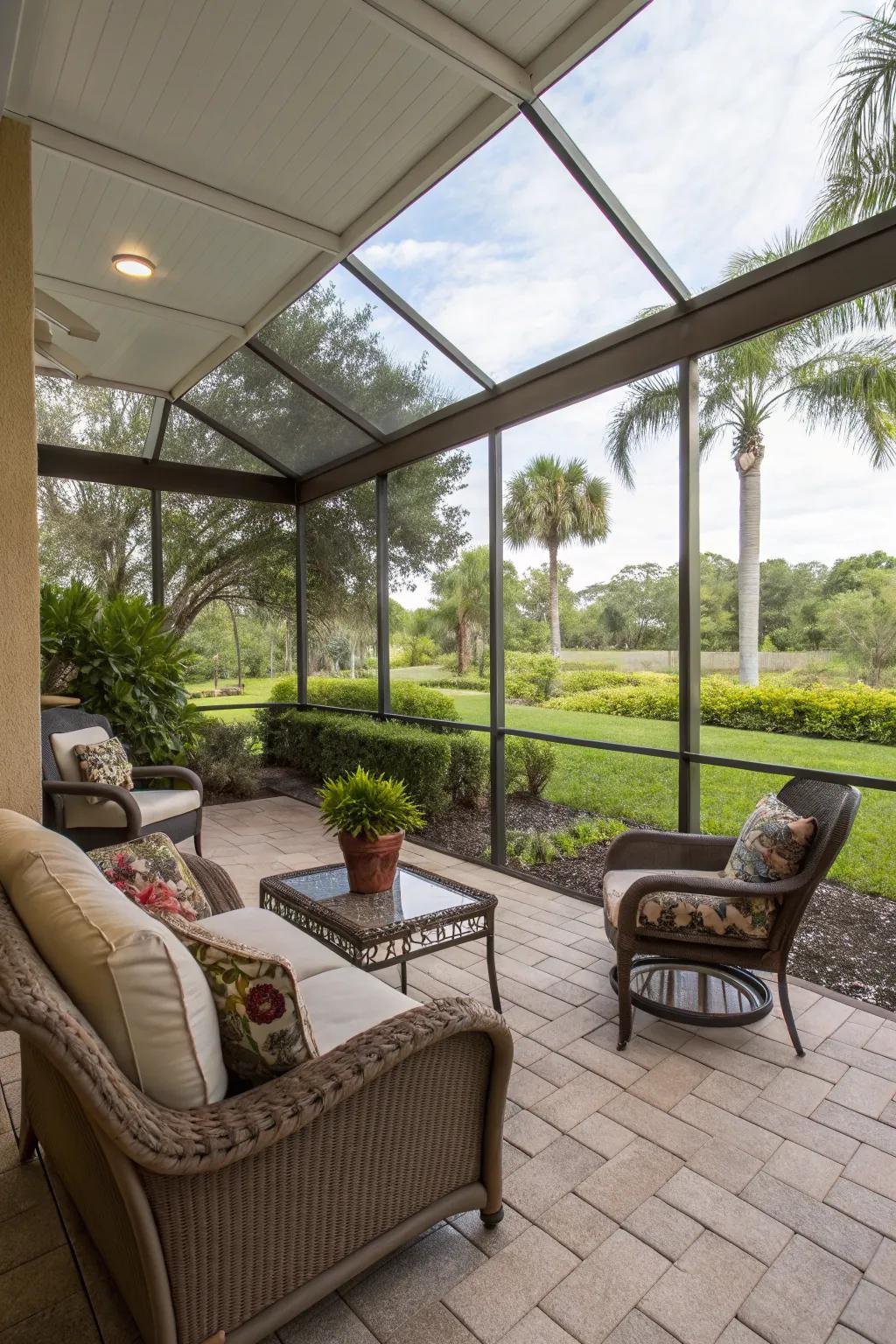 Screened lanais offer a shaded and protected space for outdoor enjoyment.