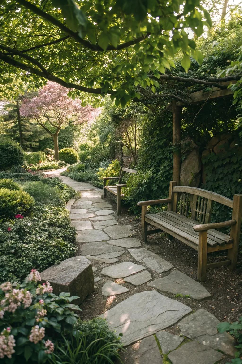 Natural materials add a grounded, organic feel to the garden.