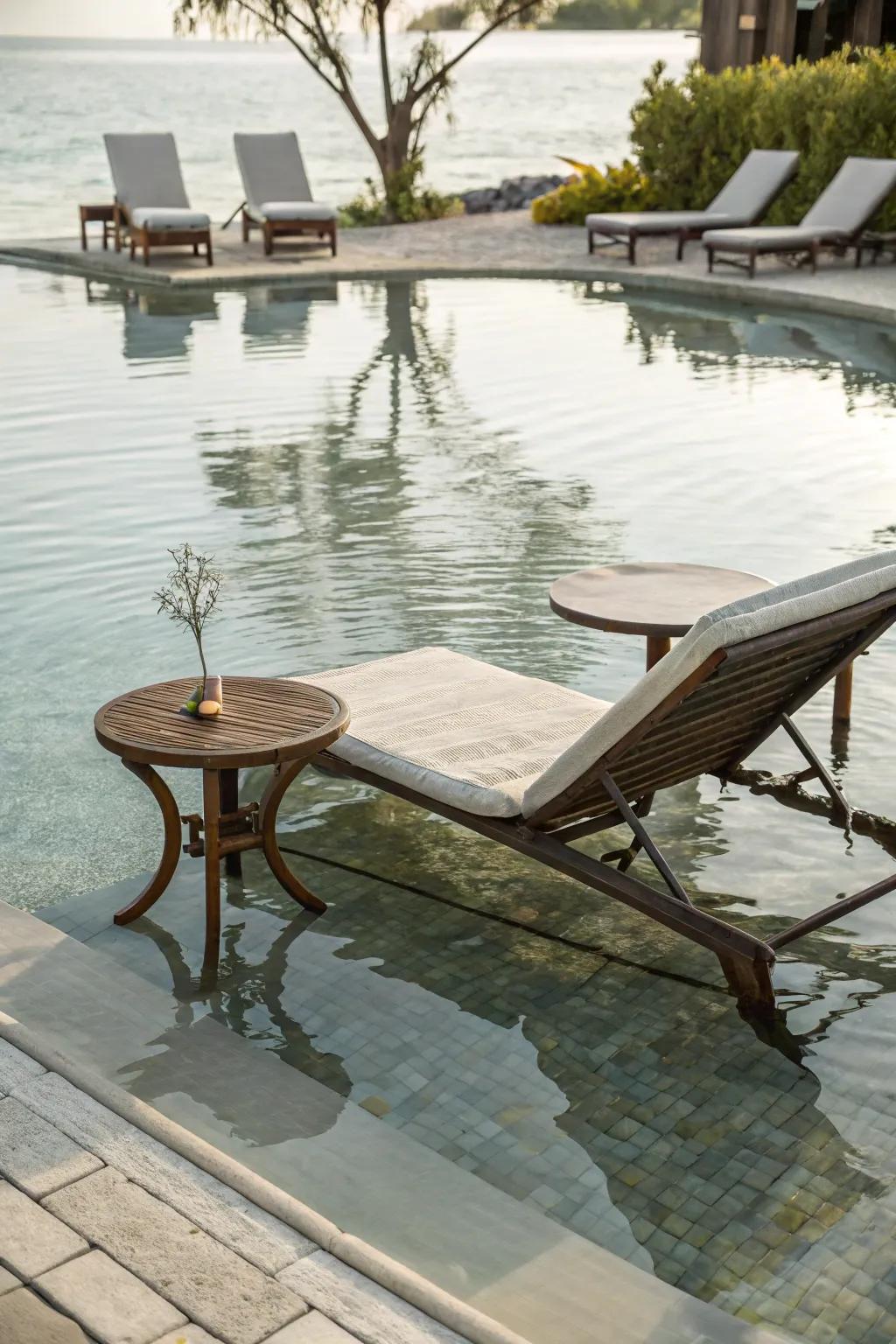 A shallow pool featuring stylish in-pool lounging furniture.
