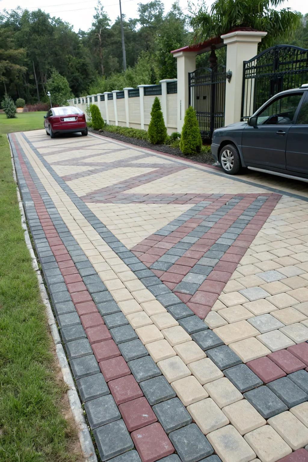 Colored pavers offer a vibrant and clear division in shared driveways.