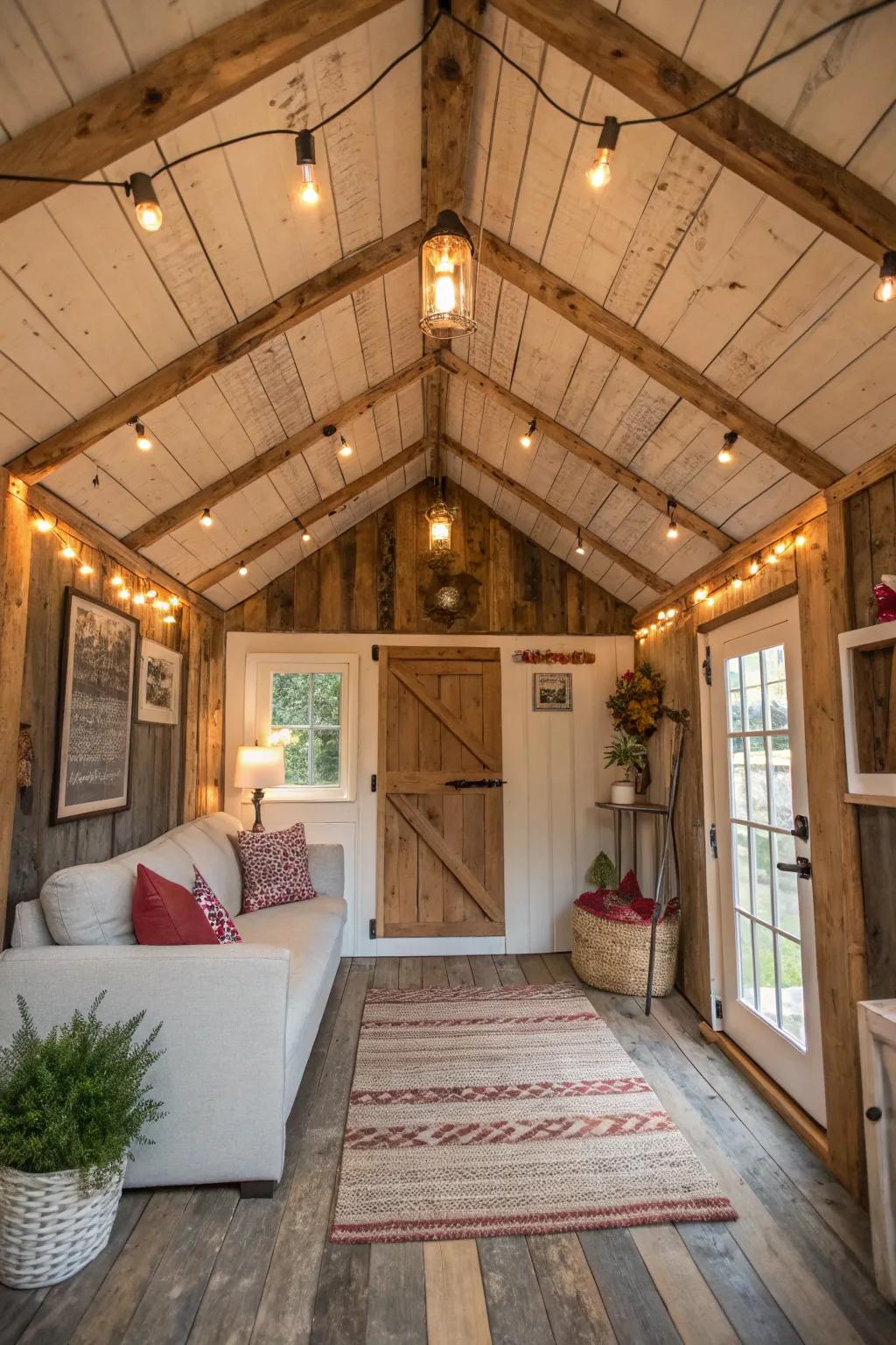 A she shed with a ceiling of reclaimed barn wood.