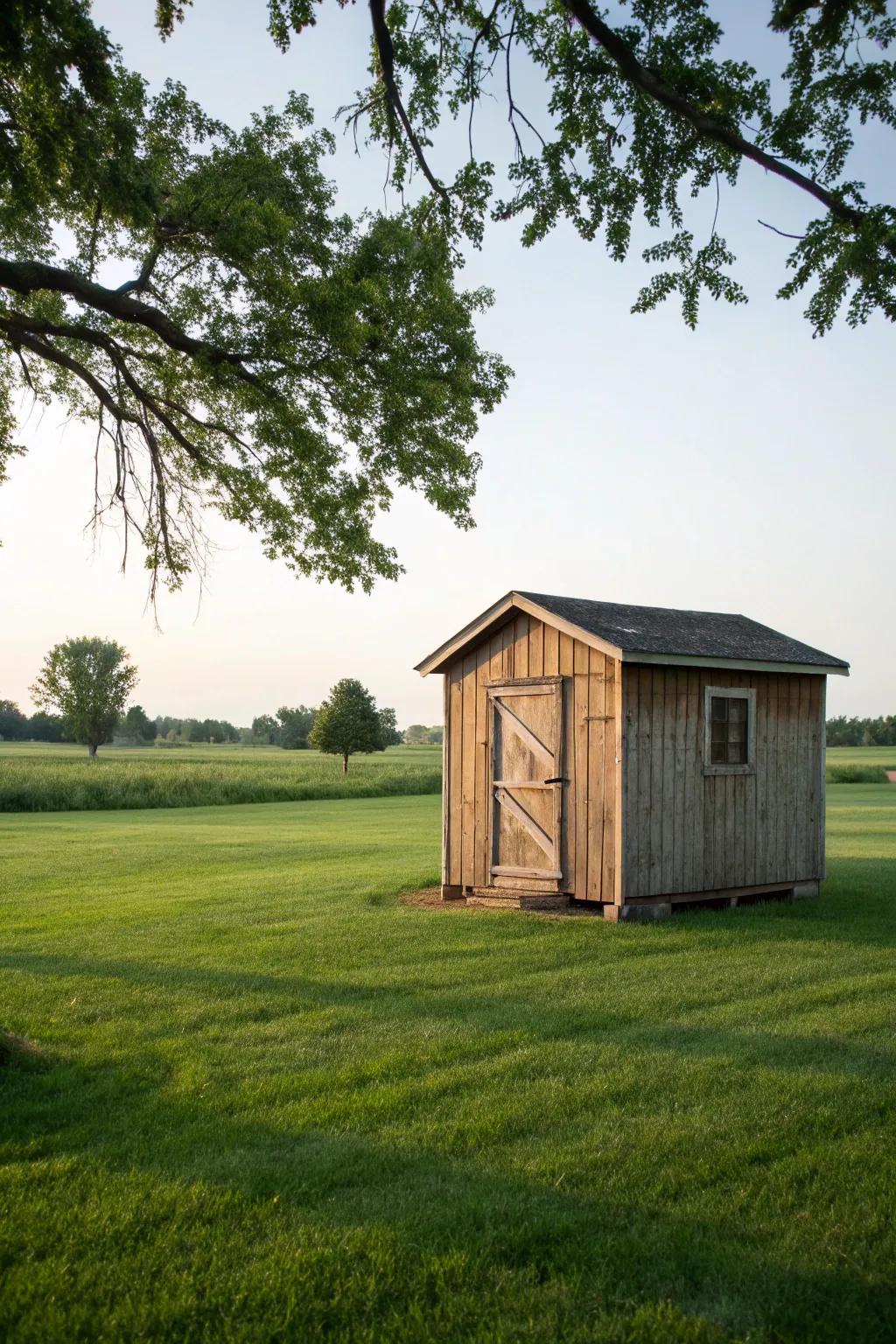 A shed commanding presence in an open lawn.