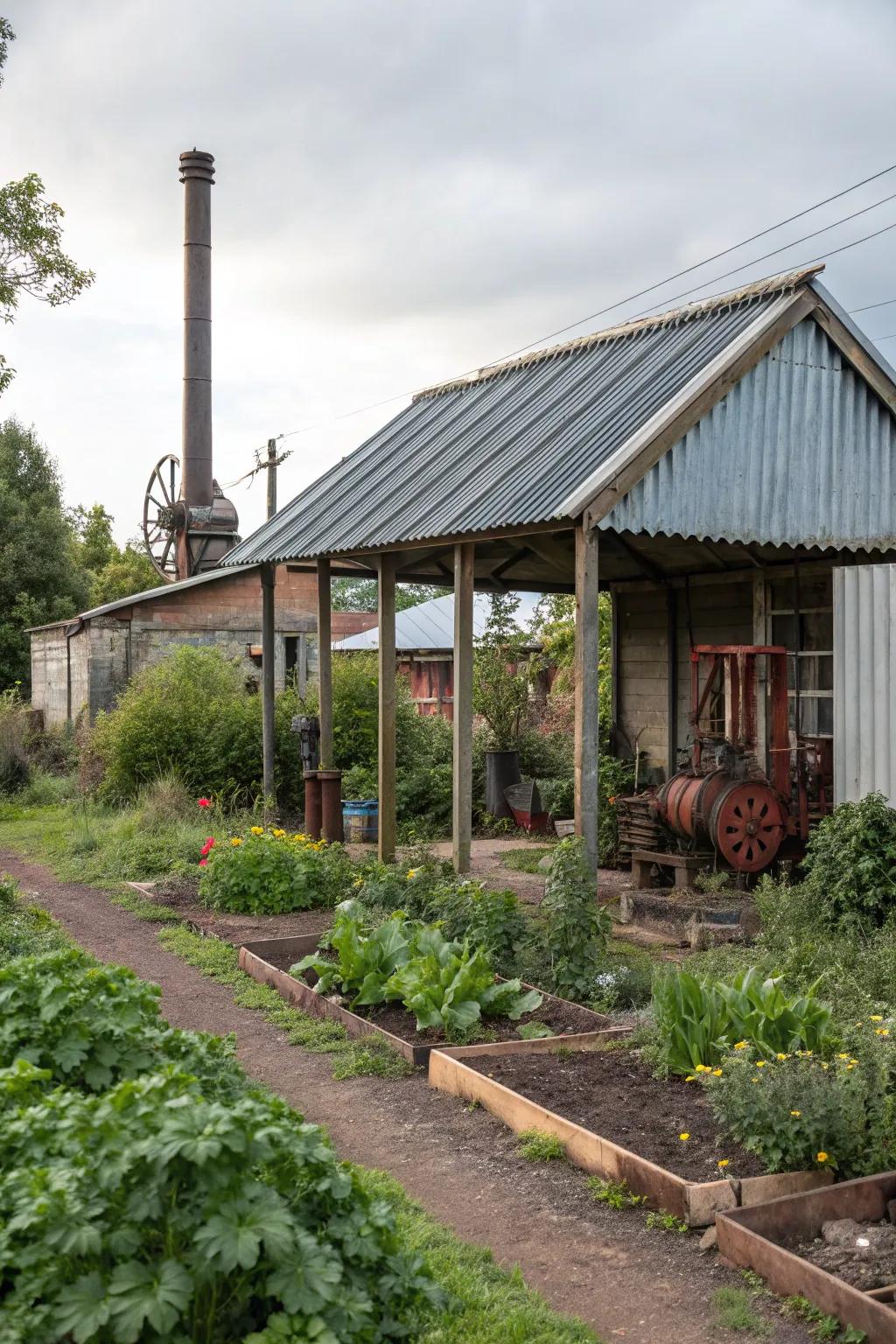 Shed with a corrugated metal porch roof in an industrial garden setting.