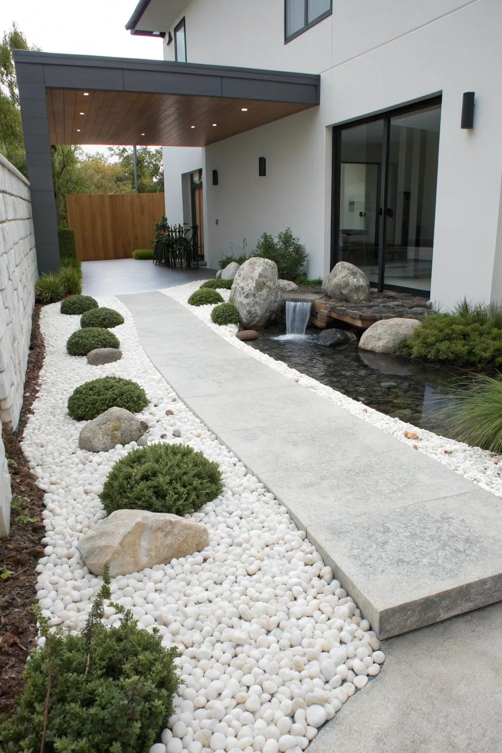 A Zen-inspired driveway offers peace and calm with its minimalist elegance.