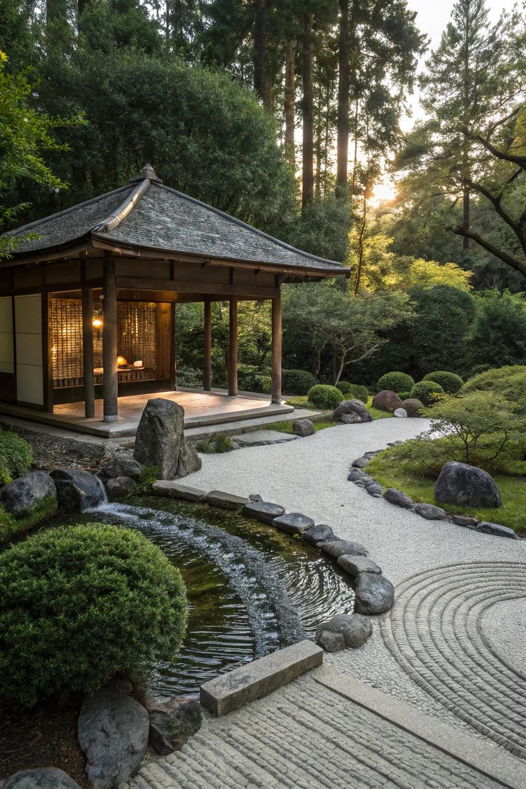 A Zen pavilion offers a peaceful garden retreat.