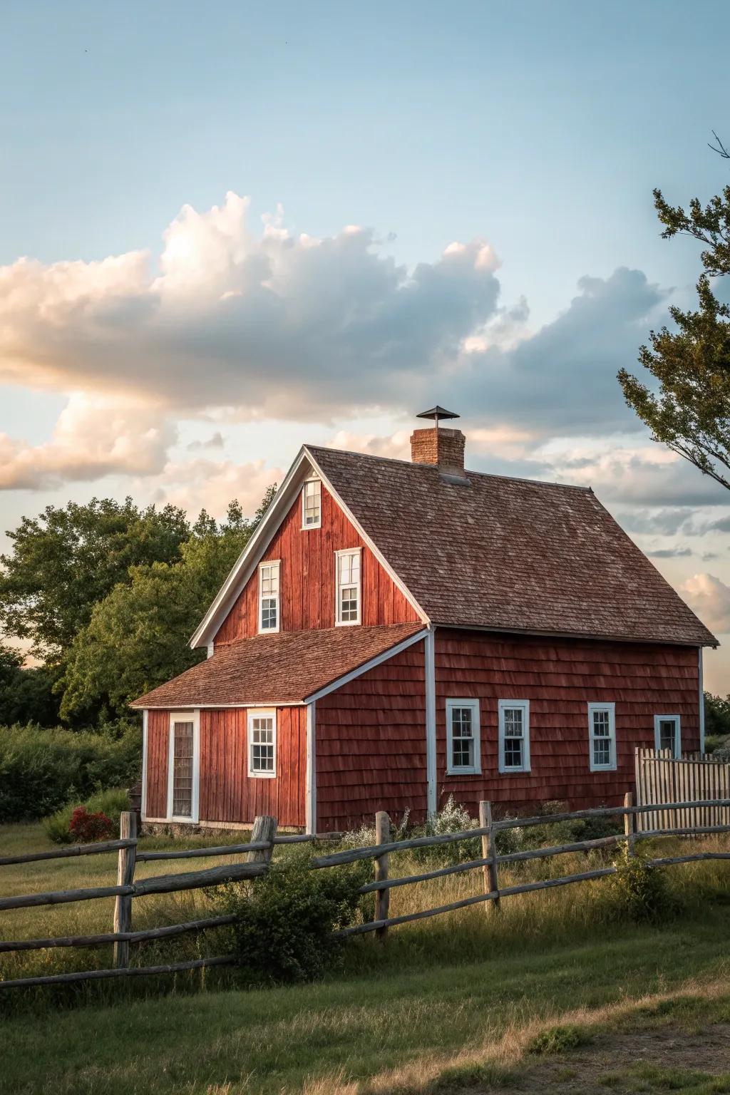 Classic barn charm with rustic red shingles.