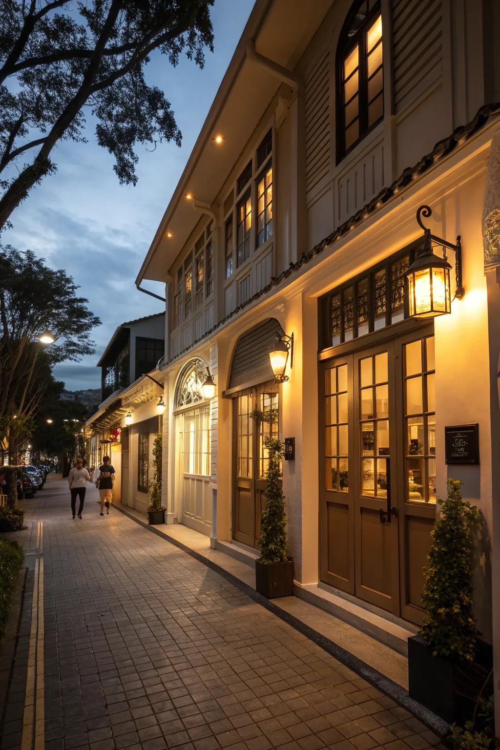 Accent lighting enhances shop house exteriors with evening allure