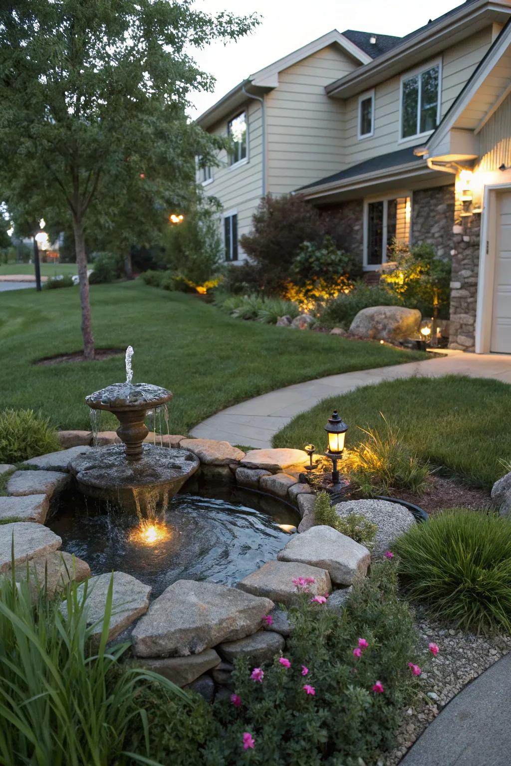 A peaceful water feature that enhances the front yard's tranquility.