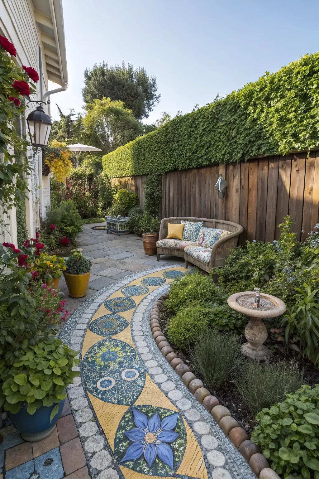 Mosaic tiles add a vibrant touch to a garden path.
