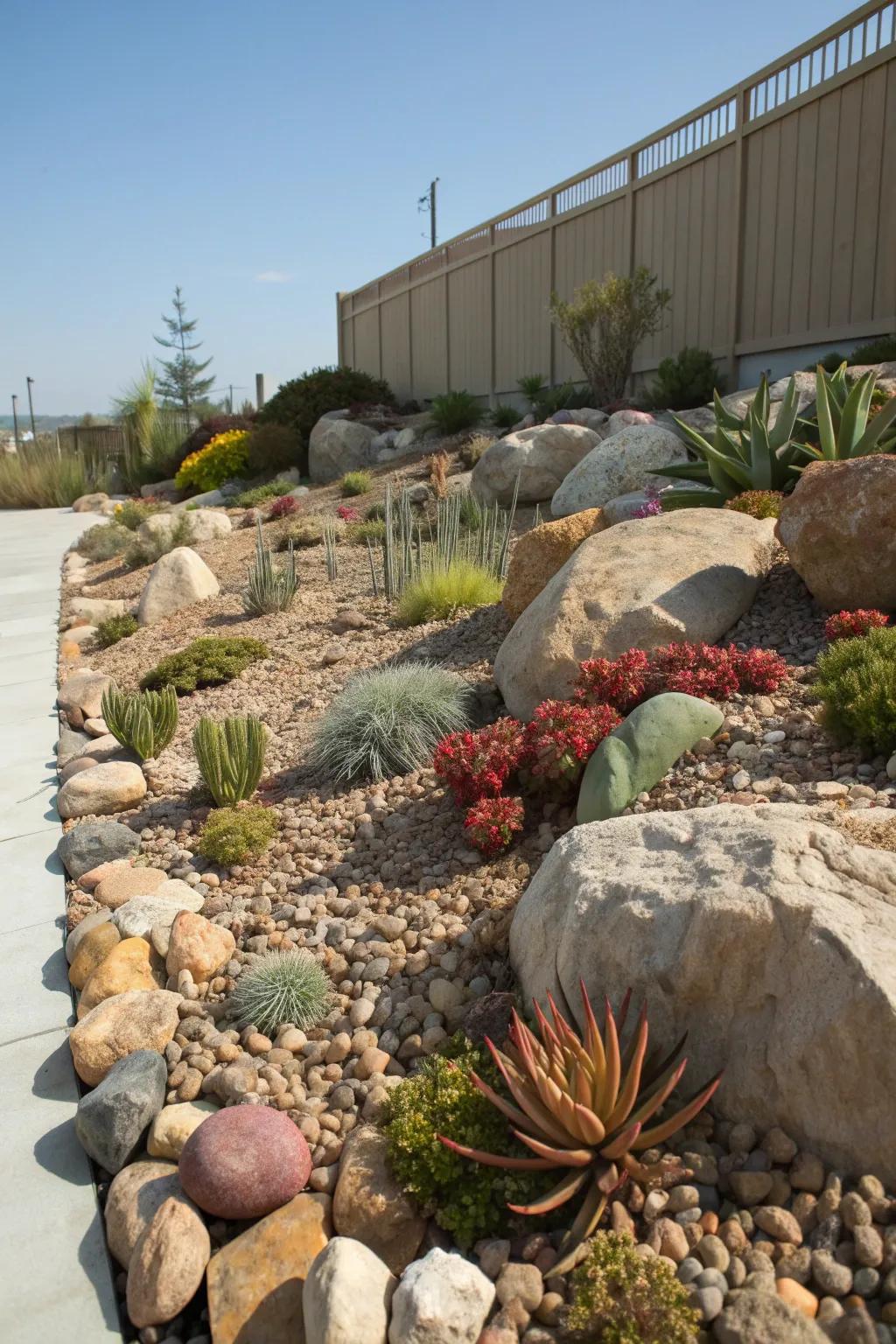 Rock gardens add texture and interest to sunny side yards.