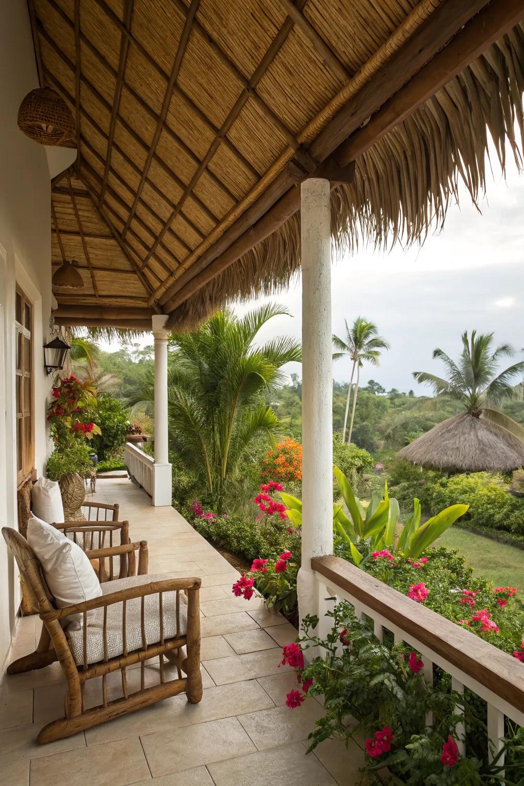 A thatched roof creates an exotic, vacation-like retreat.