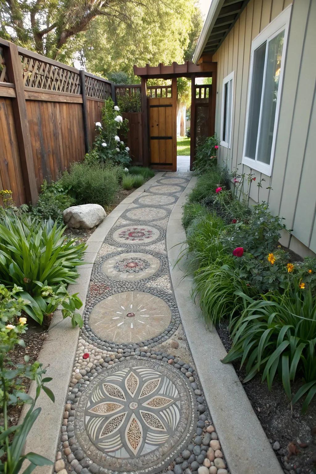 Concrete and pebbles create a unique, artistic pathway.