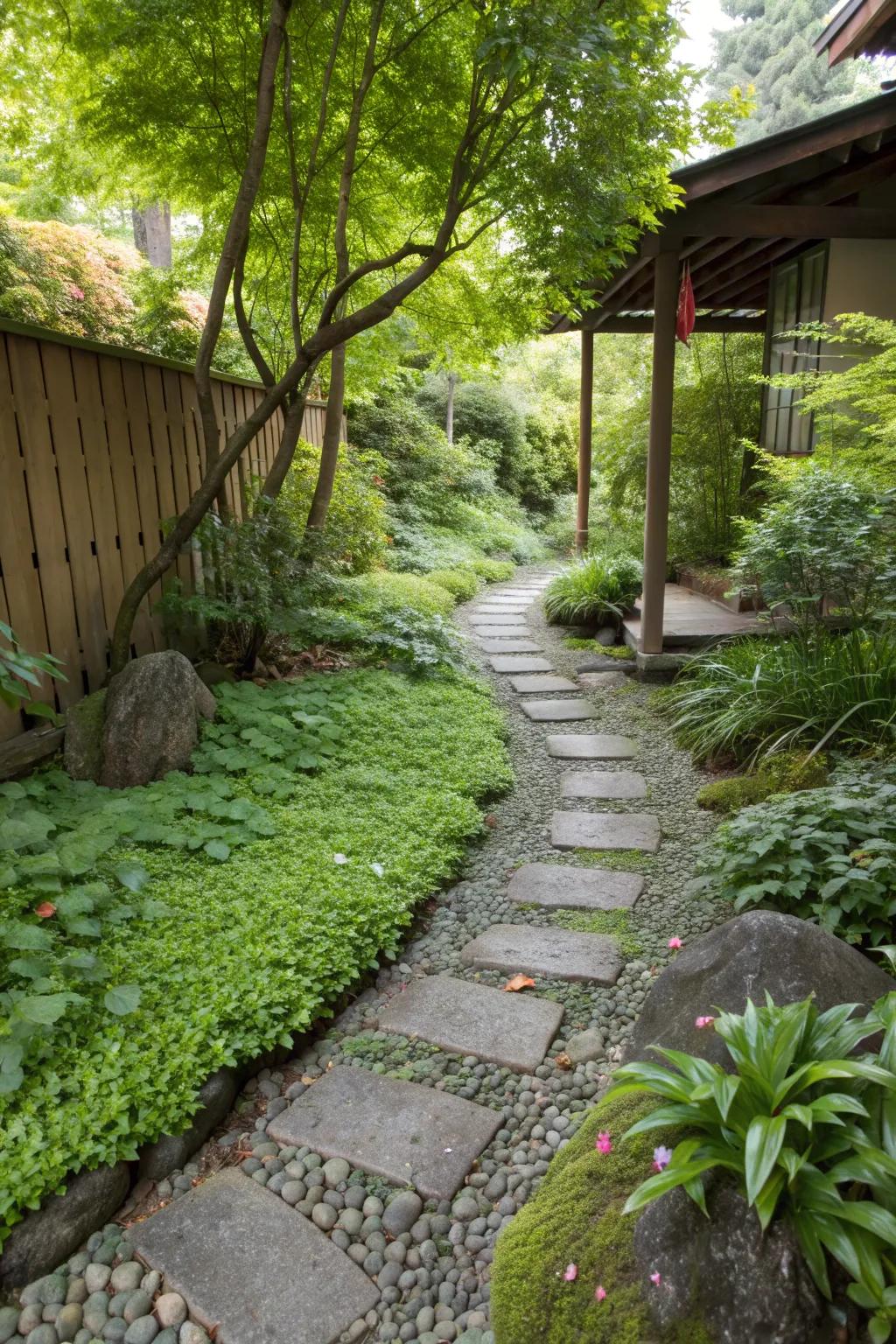 Creeping ground cover creates a lush, organic path.