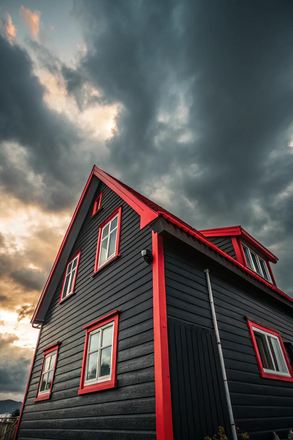 Black siding with red trim makes a bold and unforgettable statement.