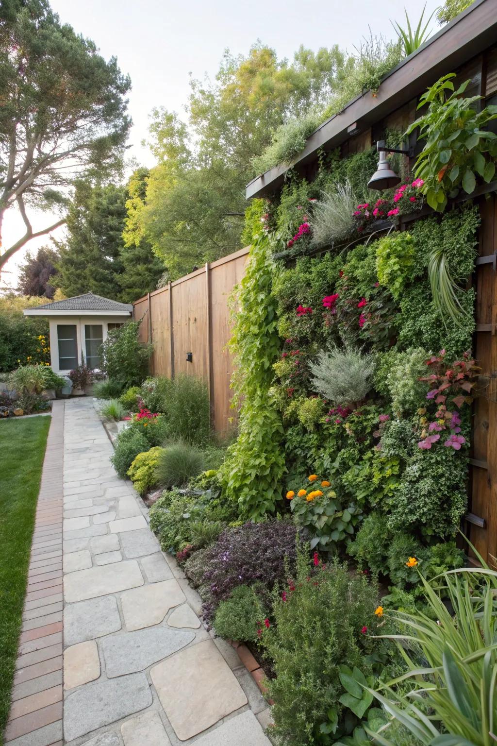 A vertical garden wall maximizing space and adding lush greenery.
