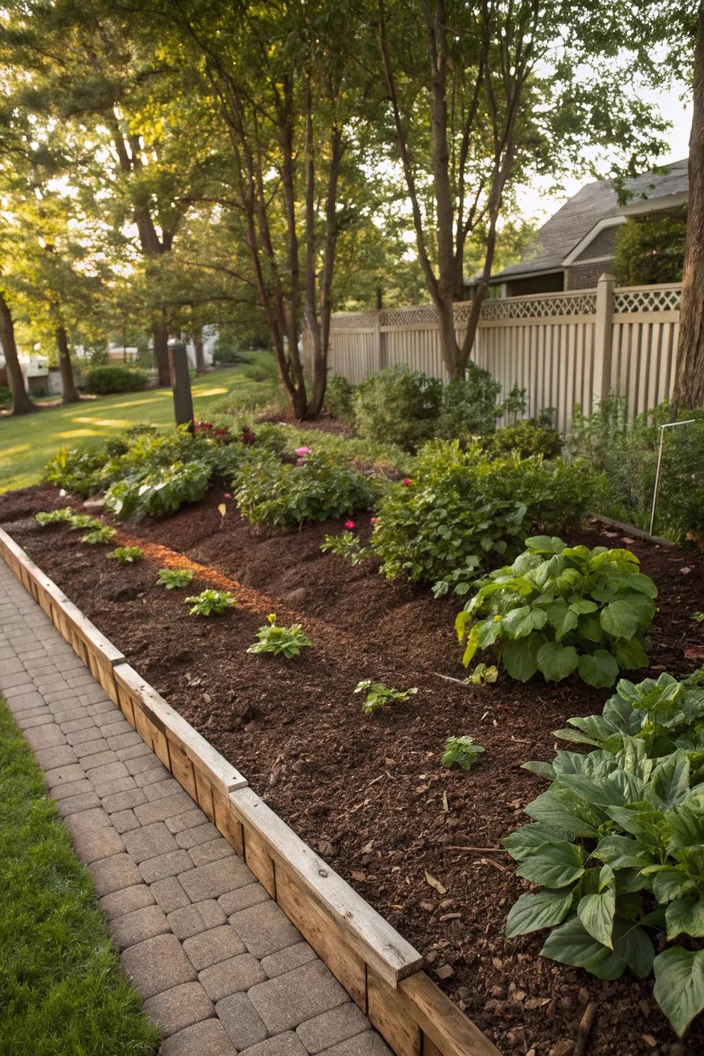 Mulch defines garden beds while adding a polished look.