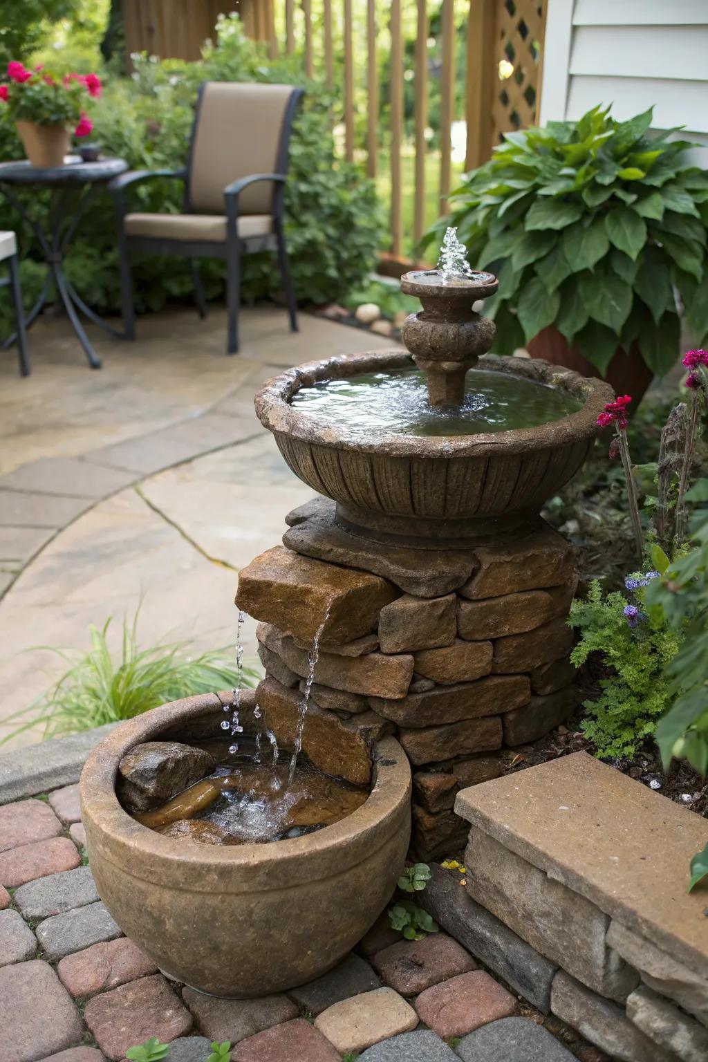 A DIY water feature adds a soothing presence.