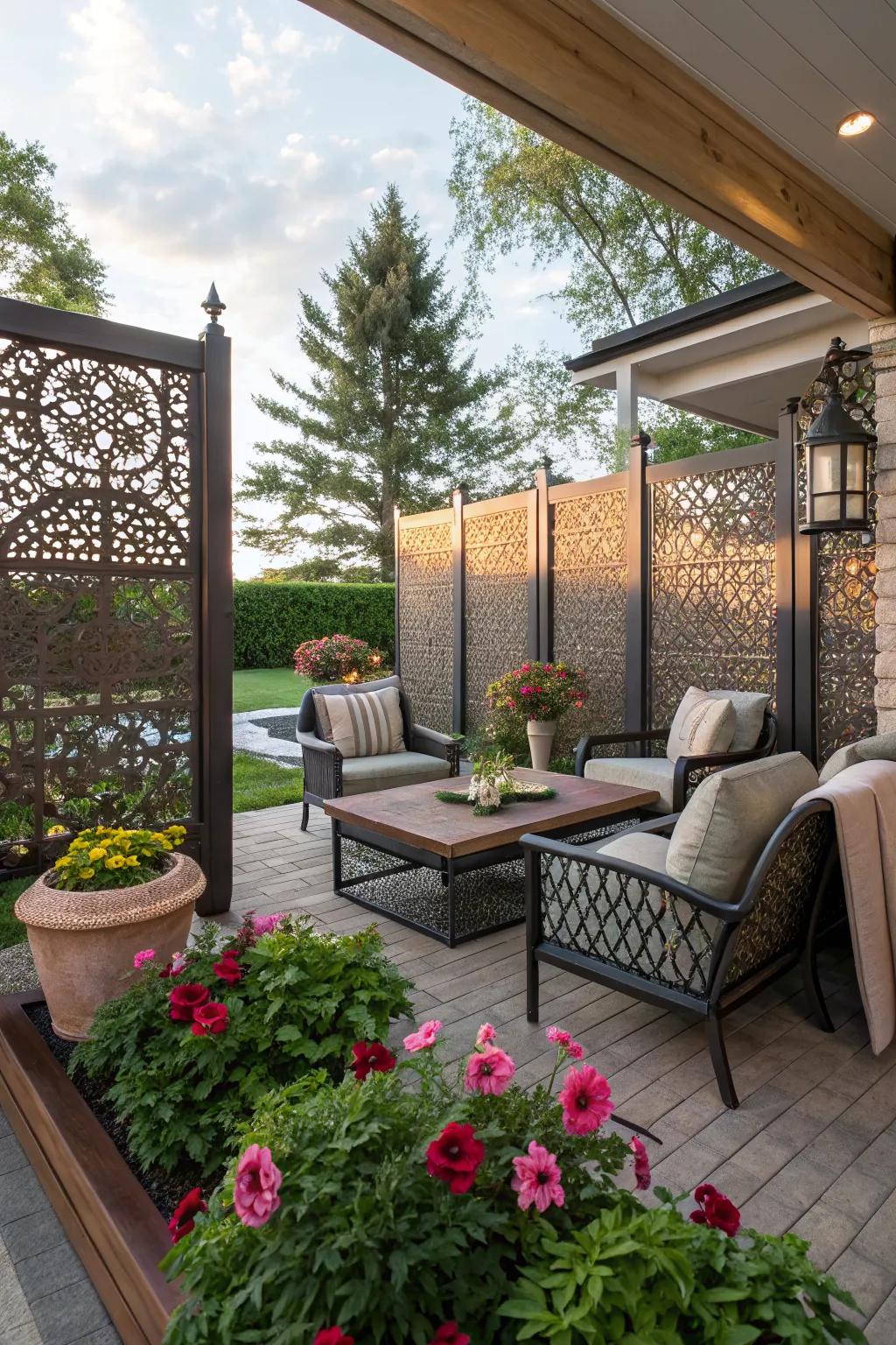 Privacy screens create a sheltered and intimate BBQ space.