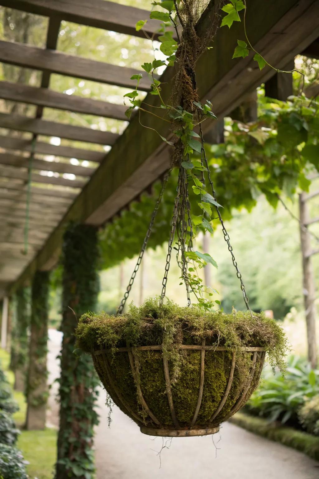 A whimsical hanging basket bug hotel on a patio.