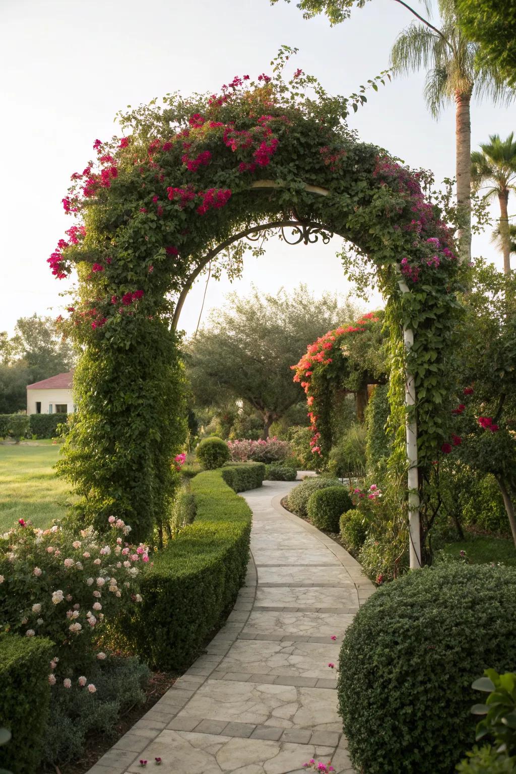 A garden arch with climbing plants creates a living art piece.