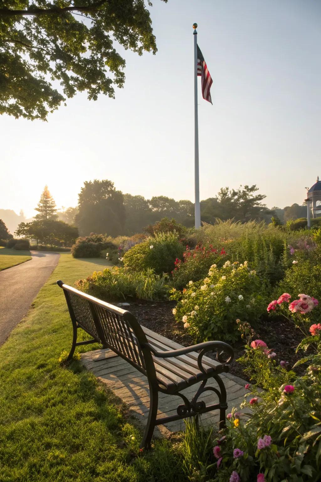 A bench invites reflection and enjoyment of your flagpole area.