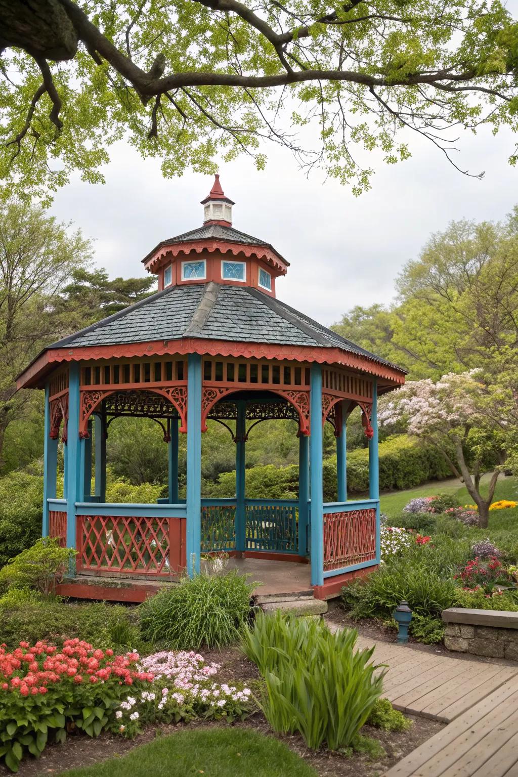 Bold colors give this gazebo a striking and memorable appearance.