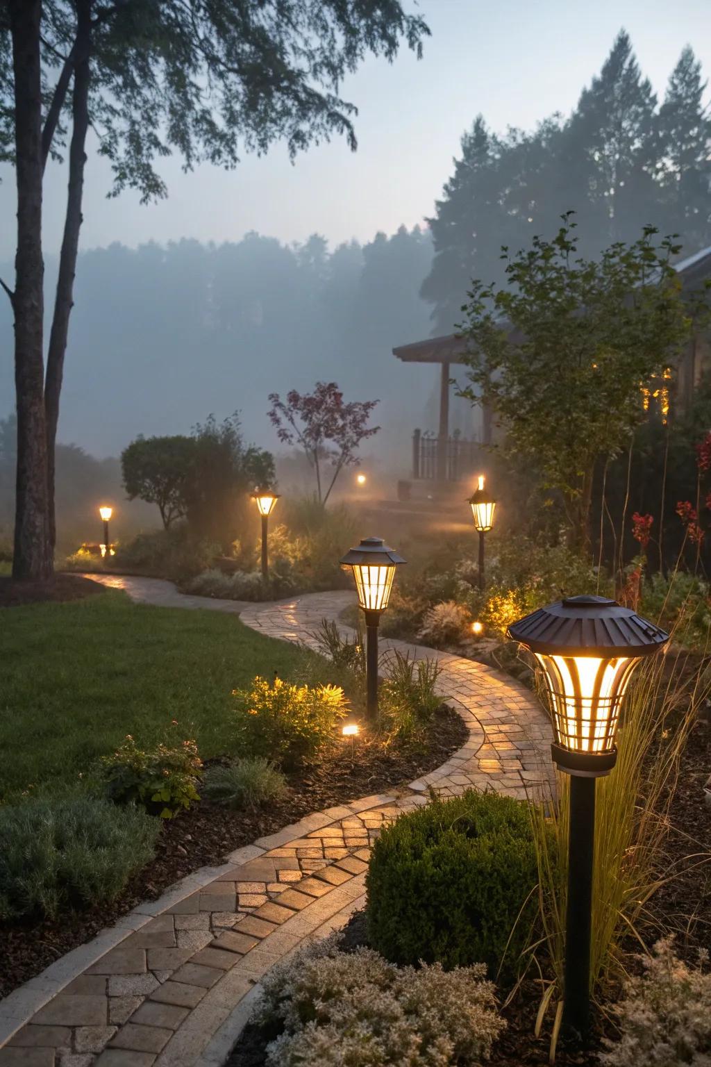Outdoor lighting creates a magical atmosphere after dark.