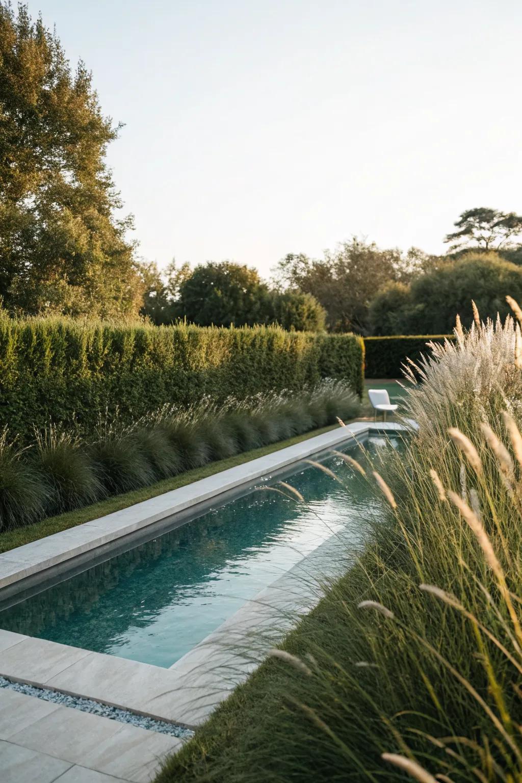 A pool surrounded by natural privacy screens for a secluded feel.