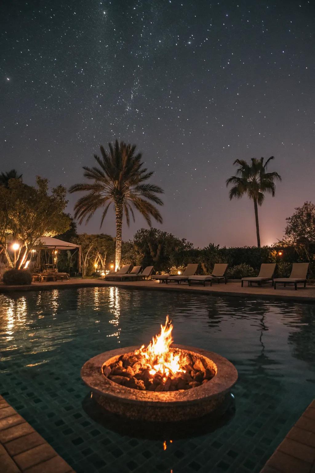 A floating fire pit enhances the pool's ambiance.
