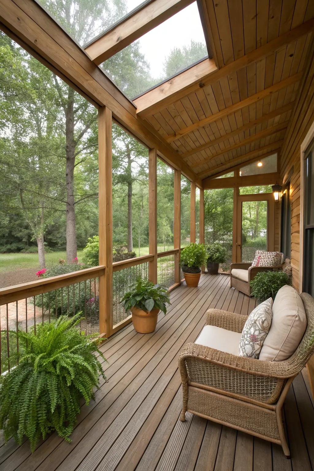 Eco-friendly materials give this screened porch a unique and sustainable character.