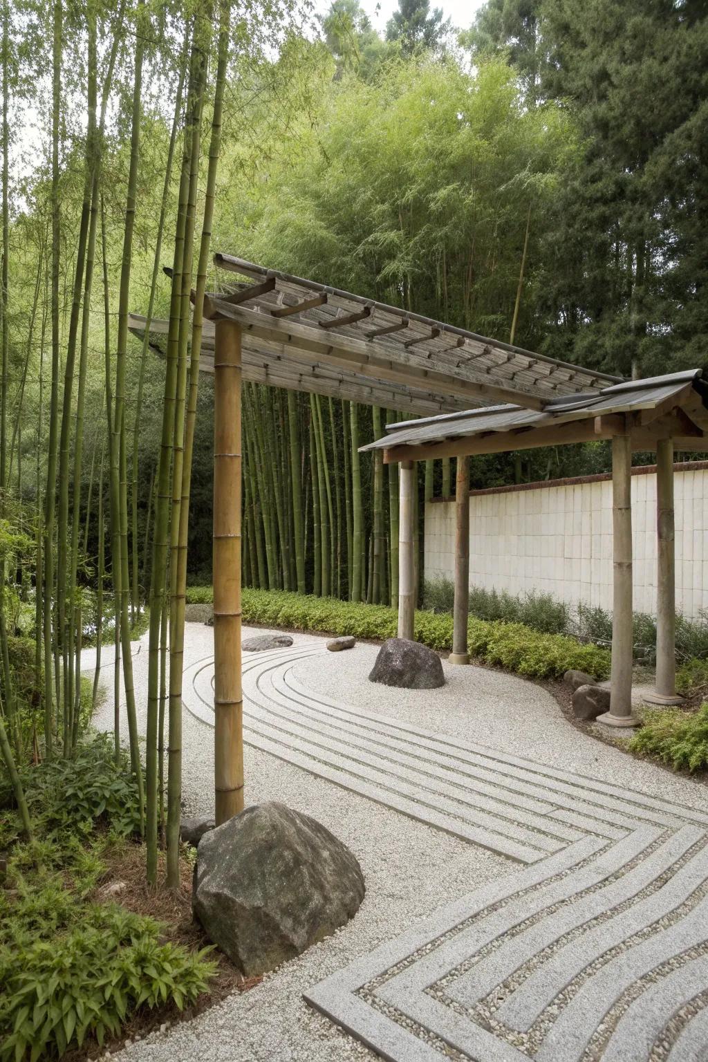 A Zen garden arbor fosters a tranquil and meditative outdoor space.