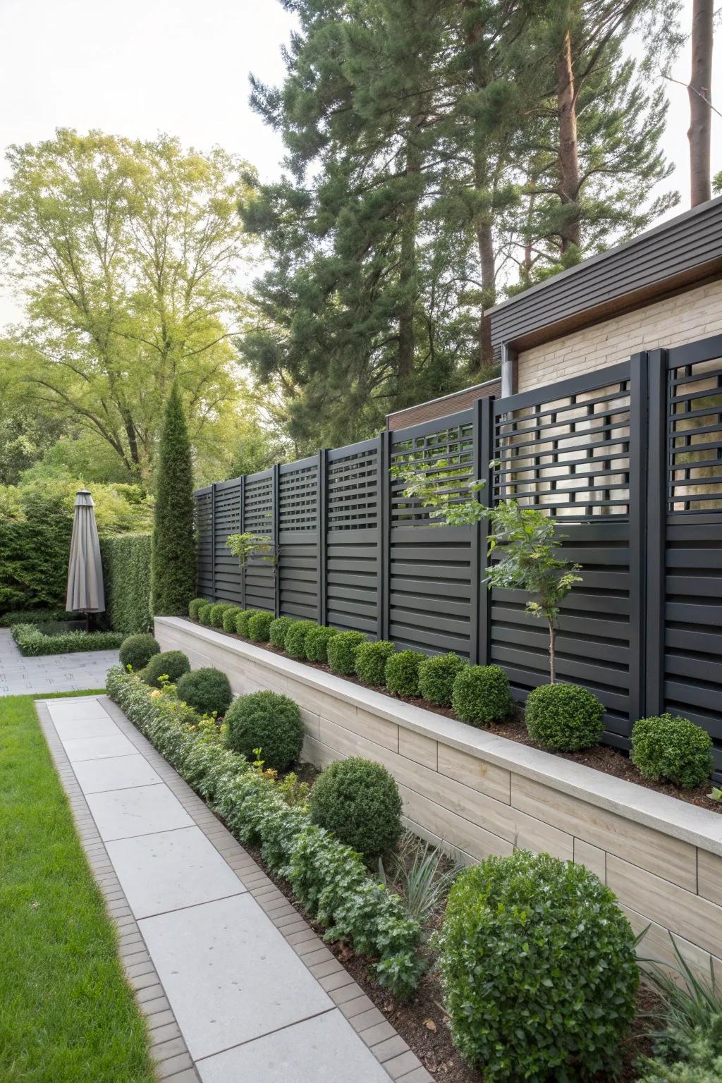 A stylish yard with a slat fence featuring intricate decorative screens.