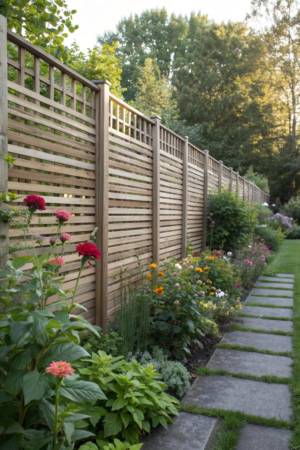 A garden fence with mixed-width slats for a unique visual appeal.