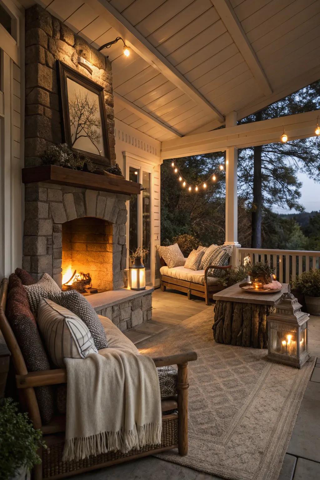 An outdoor fireplace adds warmth and charm to your porch.