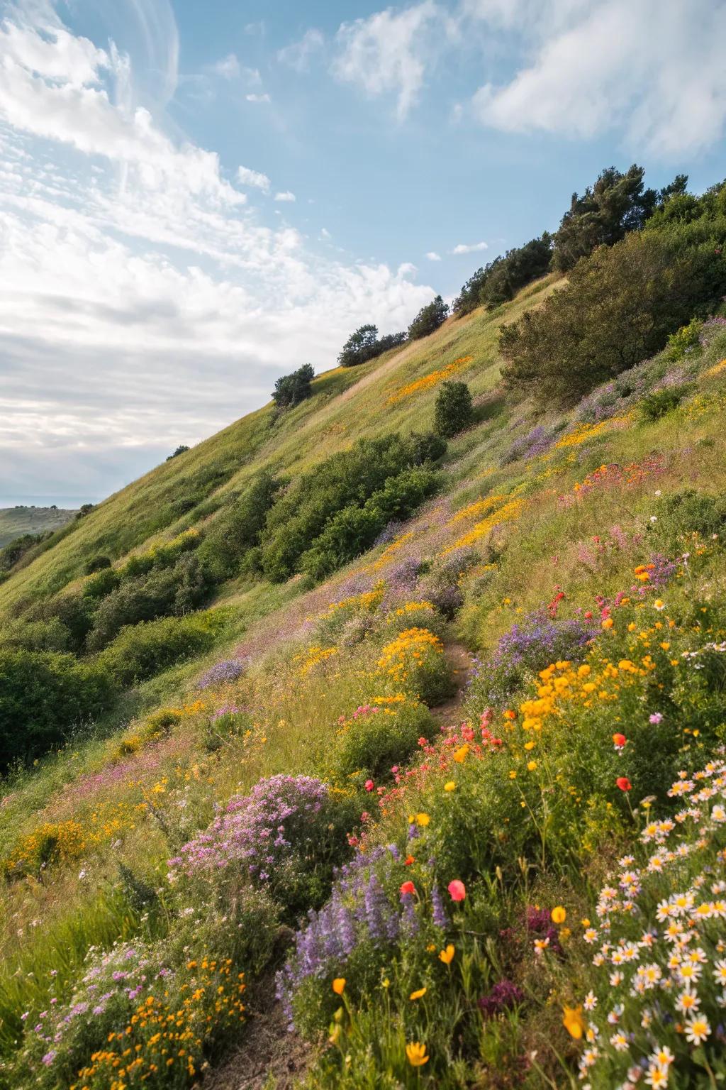 Wildflower meadows offer a vibrant and natural aesthetic on slopes.