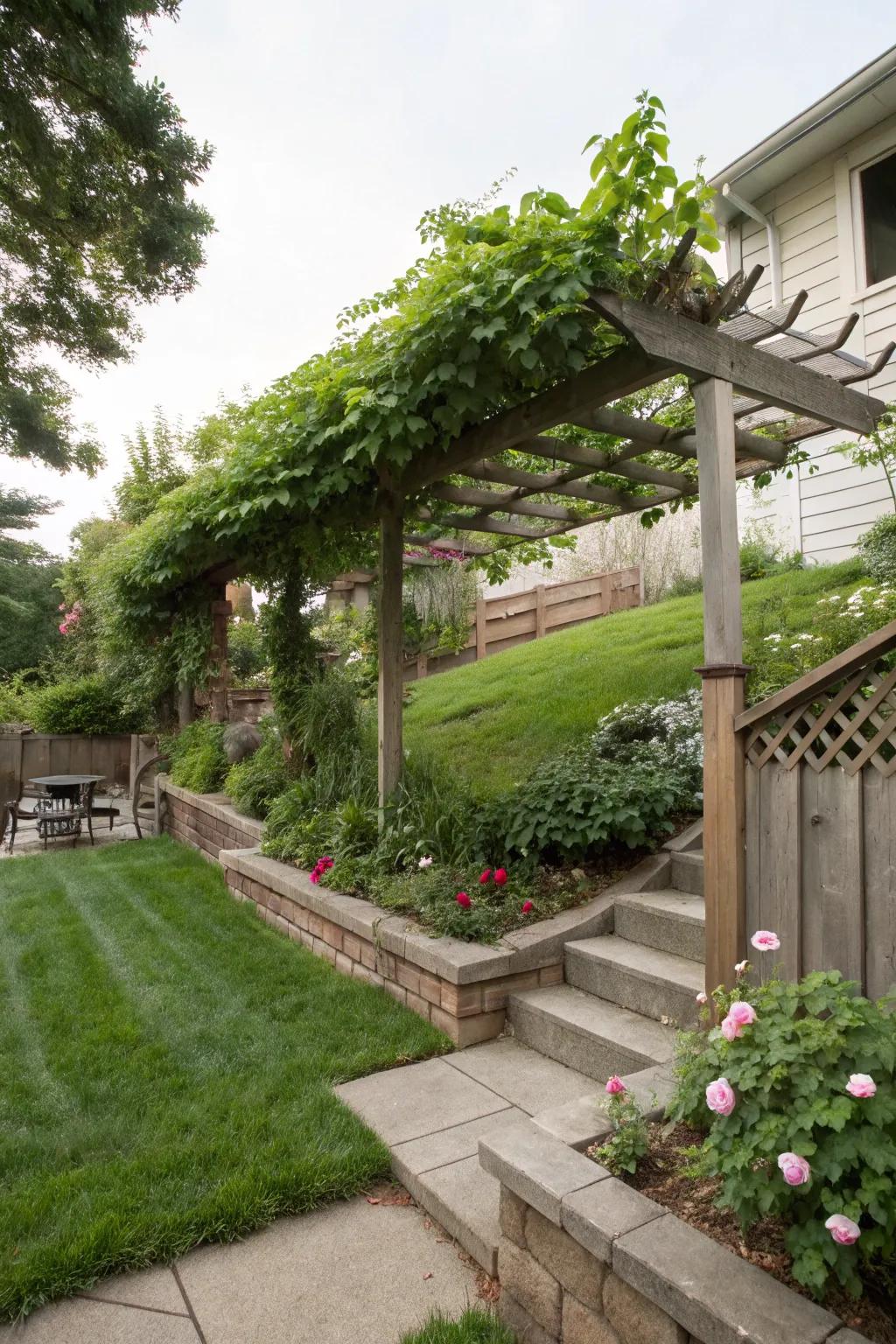 A pergola with climbing plants provides shade and elegance.